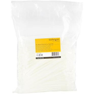 StarTech.com 20cm kabelkopplingar - 4mm bred, 55mm buntdiameter, 22kg draghållfasthet, självlåsande spärrband för nylon med böjd spets, 94 V-2/UL listad, 1000-pack - vitt - kabelsamlare - TAA-kompatibel