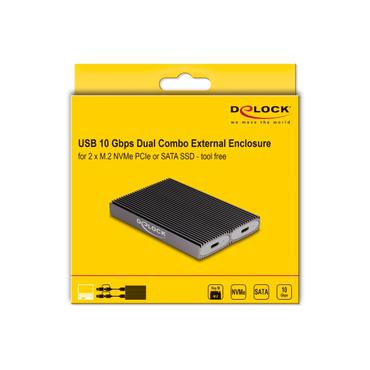 Delock - lagringspakning - external, dual combo, toolfree - M.2 Card (PCIe NVMe & SATA) - USB-C 3.2 (Gen 2x1)