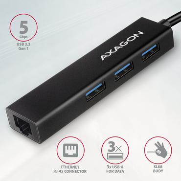 Axagon HMC-GL3A USB-C-Hub 3x USB-A Gbit-LAN schwarz Ledningsført USB 3.2 Gen 1 (3.1 Gen 1) Type-C Sort