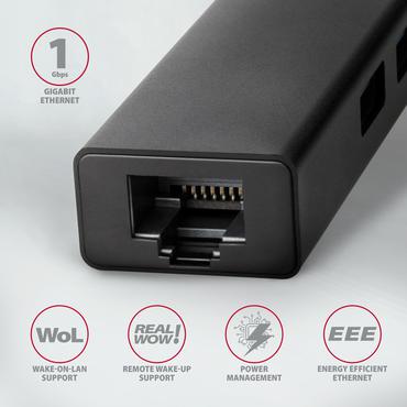 Axagon HMC-GL3A USB-C-Hub 3x USB-A Gbit-LAN schwarz Ledningsført USB 3.2 Gen 1 (3.1 Gen 1) Type-C Sort
