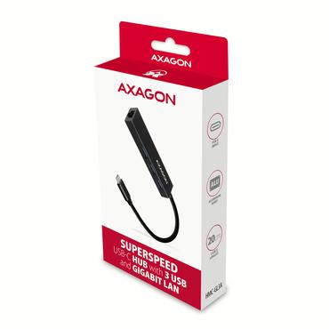 Axagon HMC-GL3A USB-C-Hub 3x USB-A Gbit-LAN schwarz Ledningsført USB 3.2 Gen 1 (3.1 Gen 1) Type-C Sort
