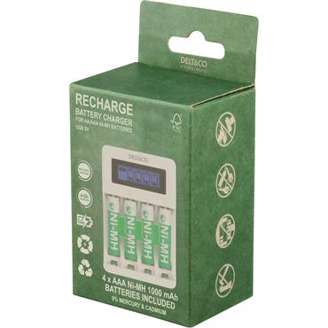 DELTACO batteriladdare - med batteri - 4 x AAA