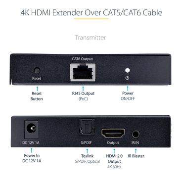 StarTech.com 4K HDMI Extender Over CAT5/CAT6 Cable, 4K 60Hz HDR Video Extender, Up to 230ft (70m), HDMI Over Ethernet Cable, S/PDIF Audio Out, HDMI Transmitter and Receiver Kit - Local Video Out, Power Over Cable (4K70IC-EXTEND-HDMI) - video/ljud/infrar&ouml;d f&ouml;rl&auml;ngare - HDMI