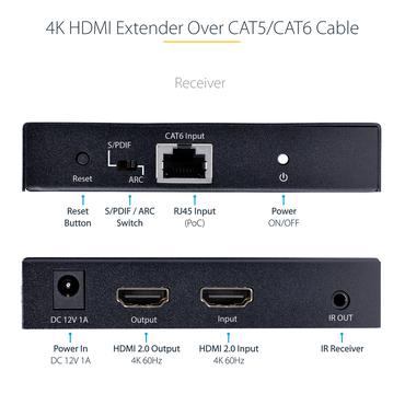 StarTech.com 4K HDMI Extender Over CAT5/CAT6 Cable, 4K 60Hz HDR Video Extender, Up to 230ft (70m), HDMI Over Ethernet Cable, S/PDIF Audio Out, HDMI Transmitter and Receiver Kit - Local Video Out, Power Over Cable (4K70IC-EXTEND-HDMI) - video/ljud/infrar&ouml;d f&ouml;rl&auml;ngare - HDMI