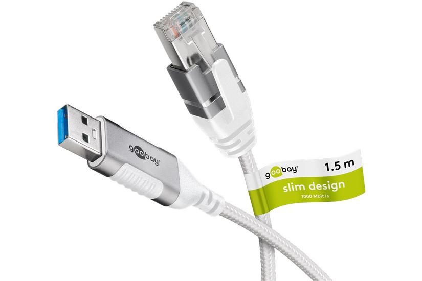 USB-A 3.0 to RJ45 Ethernet Cable, Slim, 1.5 m, 1.5 m, white - connects router, modem or network switch to USB-A