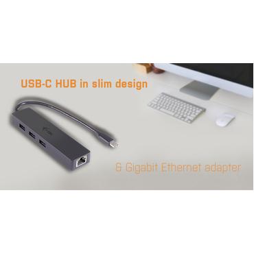 i-Tec USB C Slim 3-port HUB with Gigabit Ethernet adapter - hubb - 3 portar