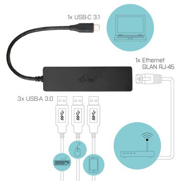 i-Tec USB C Slim 3-port HUB with Gigabit Ethernet adapter - hubb - 3 portar