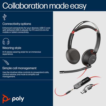 HP Poly Blackwire 5220 Stereo USB-C Headset +3.5mm Plug +USB-C/A Adapter