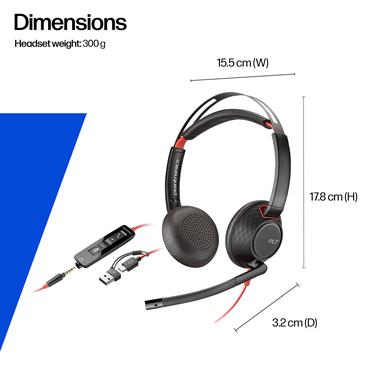 HP Poly Blackwire 5220 Stereo USB-C Headset +3.5mm Plug +USB-C/A Adapter