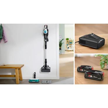 Bosch BSS712XHYG stav st&oslash;vsuger & elektrisk kost 2-i-1 stangst&oslash;vsuger Batteri Dry HEPA Posel&oslash;s 0,3 L Turkisfarve, Sort, S&oslash;lv, Hvid 2,5 At