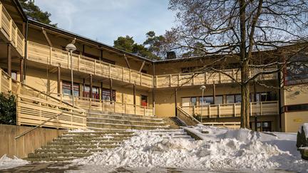 En överblick av Bergsgårdsskolan med ett par träd och en snötäckt trappa i fokus.