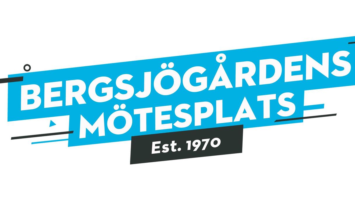 En vit bakgrund med bergsjögårdens logotyp i blå text