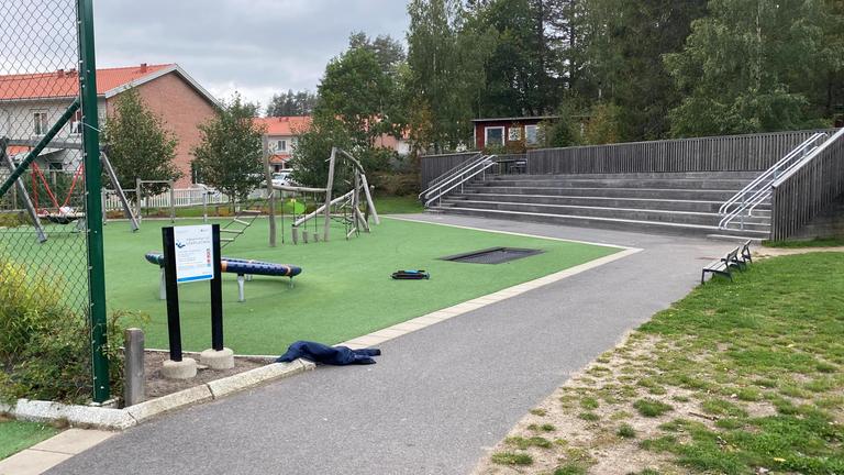 Öppen lekplats med många lekredskap på gummiasfalt. Stor läktare i trä och skogsdunge bakom lekplatsen