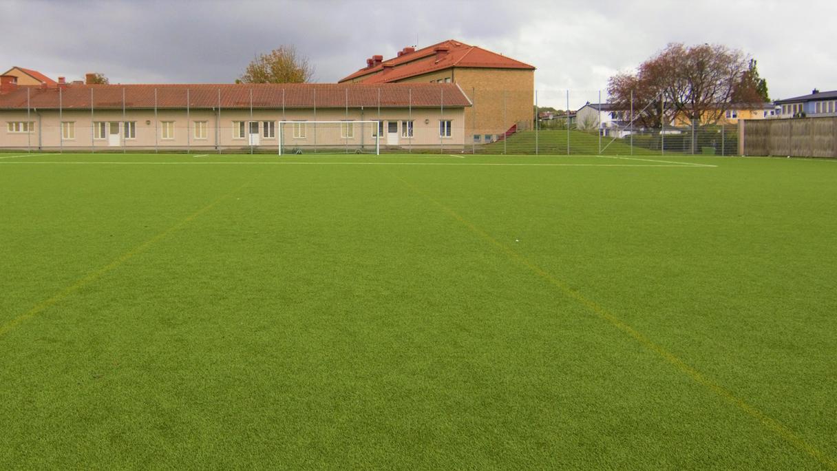 Grön bollplan med byggnader bakom