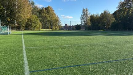 En grön fotbollsplan under blå himmel.