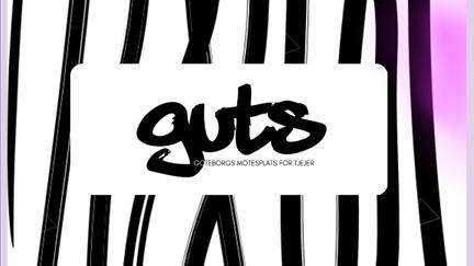 En rosa färgplatta med svarta ränder och Guts logotyp