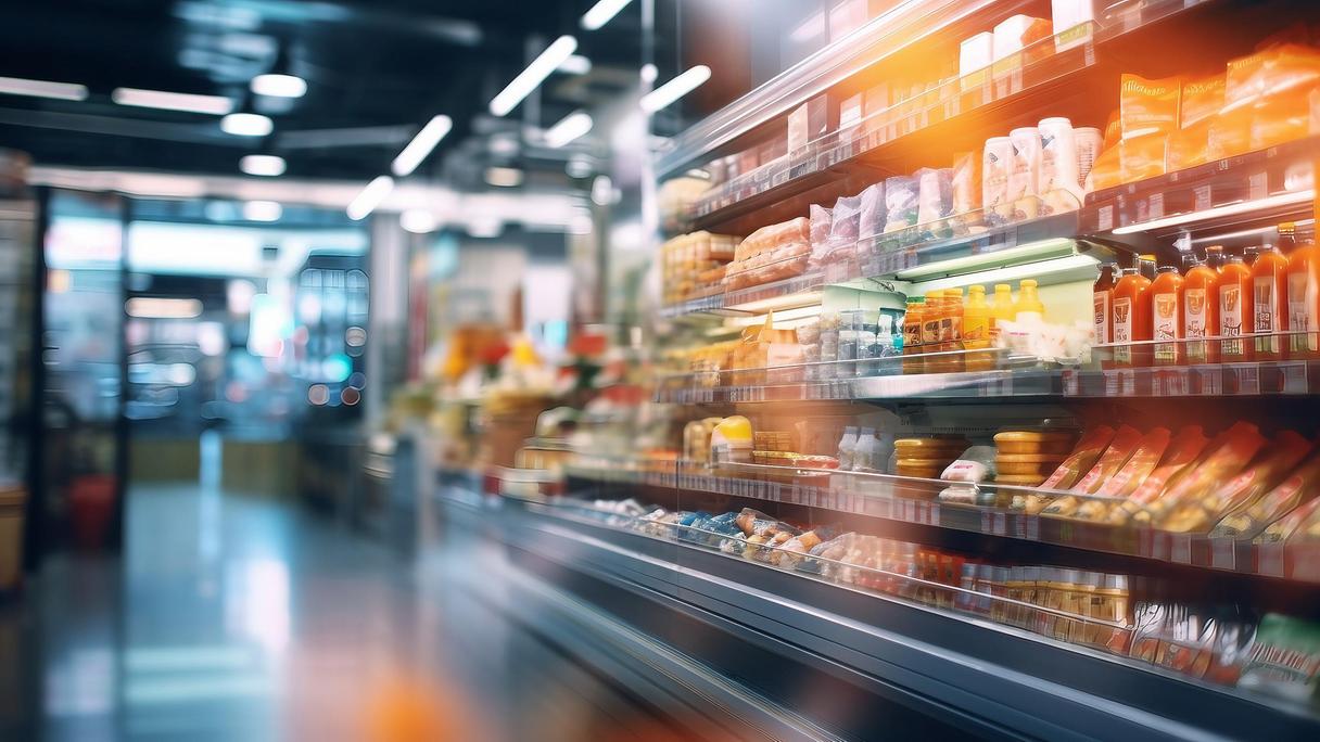 En lång disk med matvaror i en livsmedelsaffär.