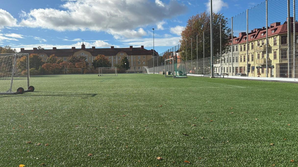 En grön fotbollsplan med byggnader i bakgrunden.