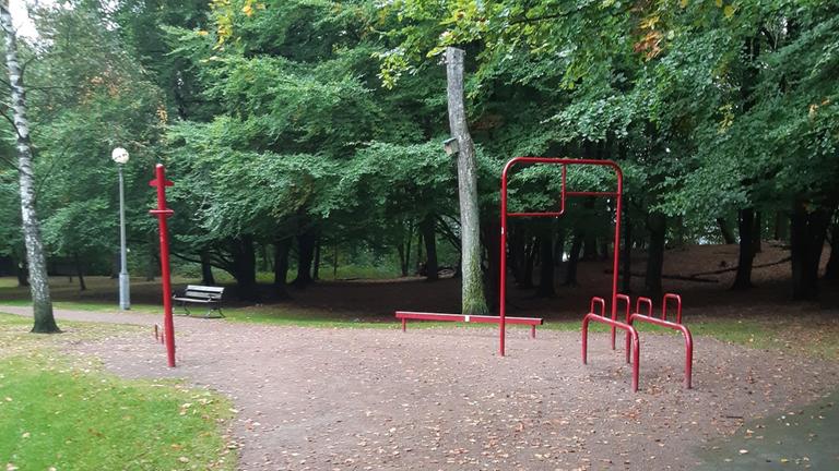 Utegym av metall där underlaget är grus med träd och gräsmattor runt utegymmet
