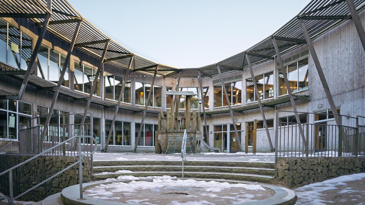 Landamäreskolans skolgård framför huvudbyggnaden.