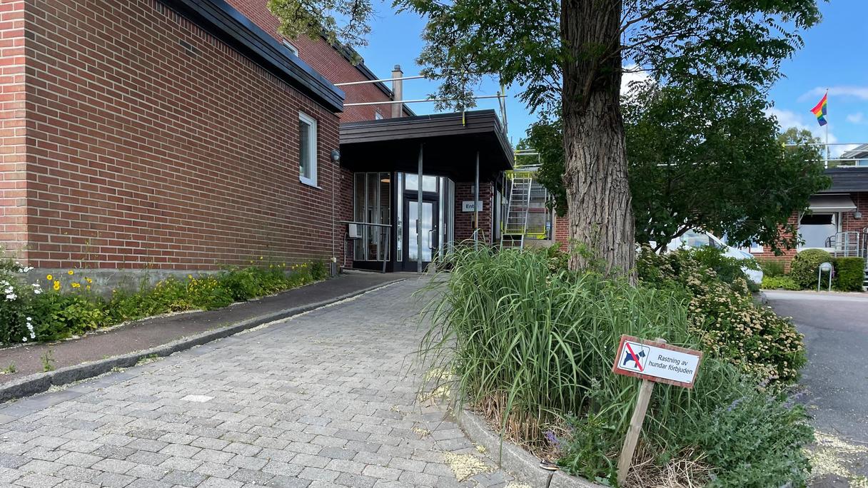 Fram till entrén är det en liten lutning men marken är platt. 