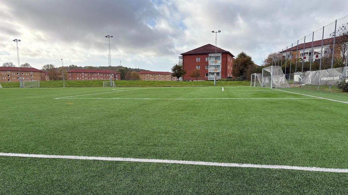 En grön fotbollsplan med byggnader i bakgrunden.