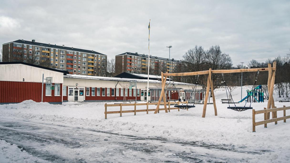 Ett par gungor framför Tretjärnsskolan med några byggnader i bakgrunden.