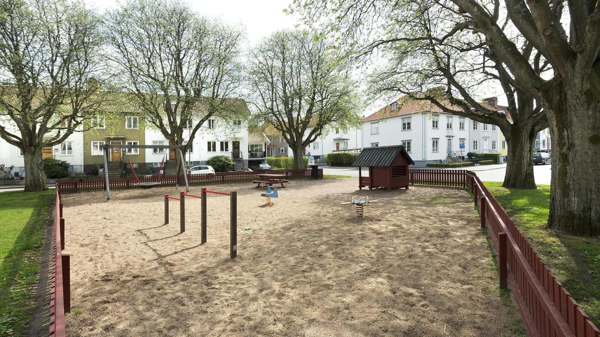 Stor sandyta med bland annat volträcken, gungdjur och ett lekhus.