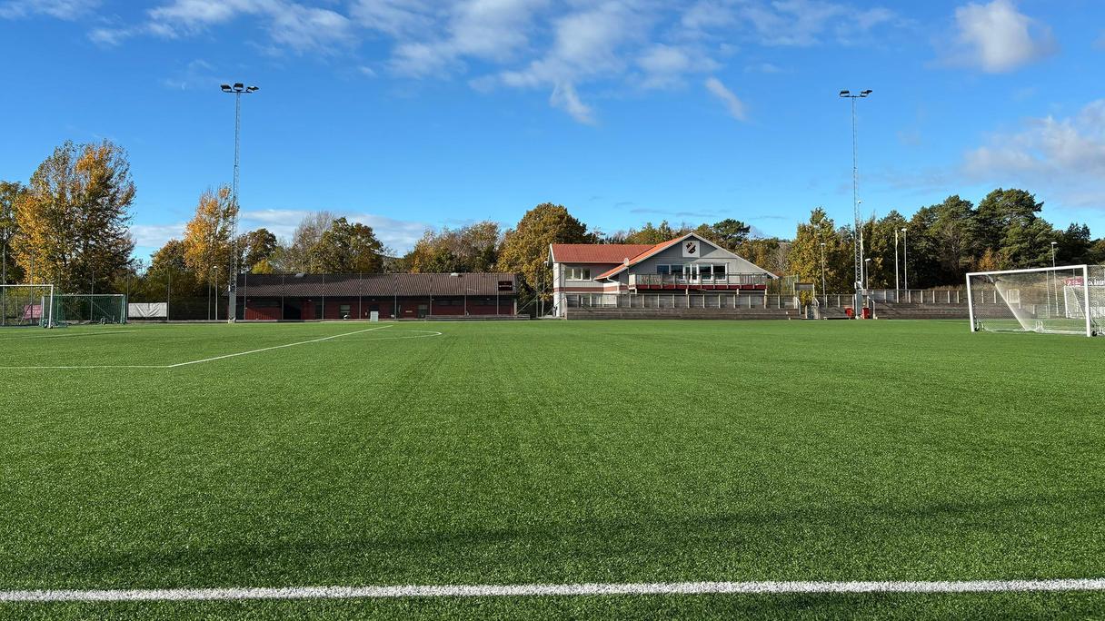 En grön fotbollsplan med byggnader i bakgrunden.