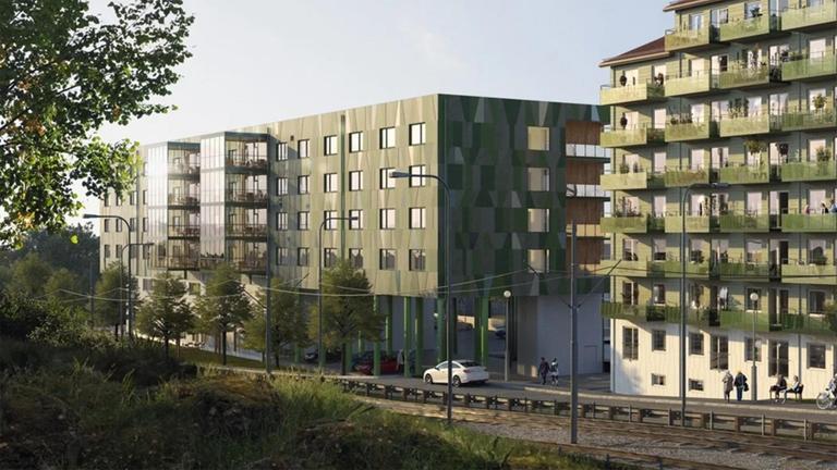 Attendo Ädelstenen ligger i ett grönt, nybyggt hus.