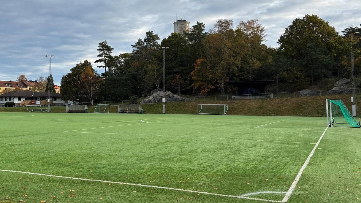 En grön fotbollsplan under blå himmel.