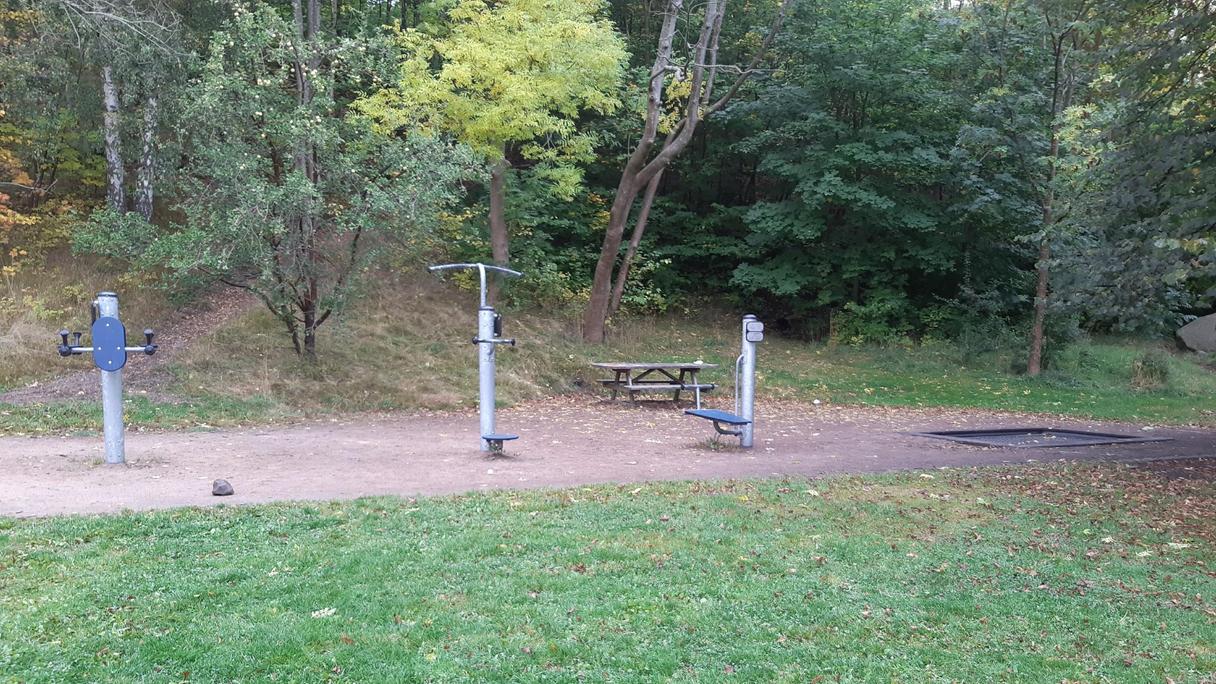 Utegym i metall med underlag av grus. Finns en studsmatta och runt utegymmet är det gräs och träd