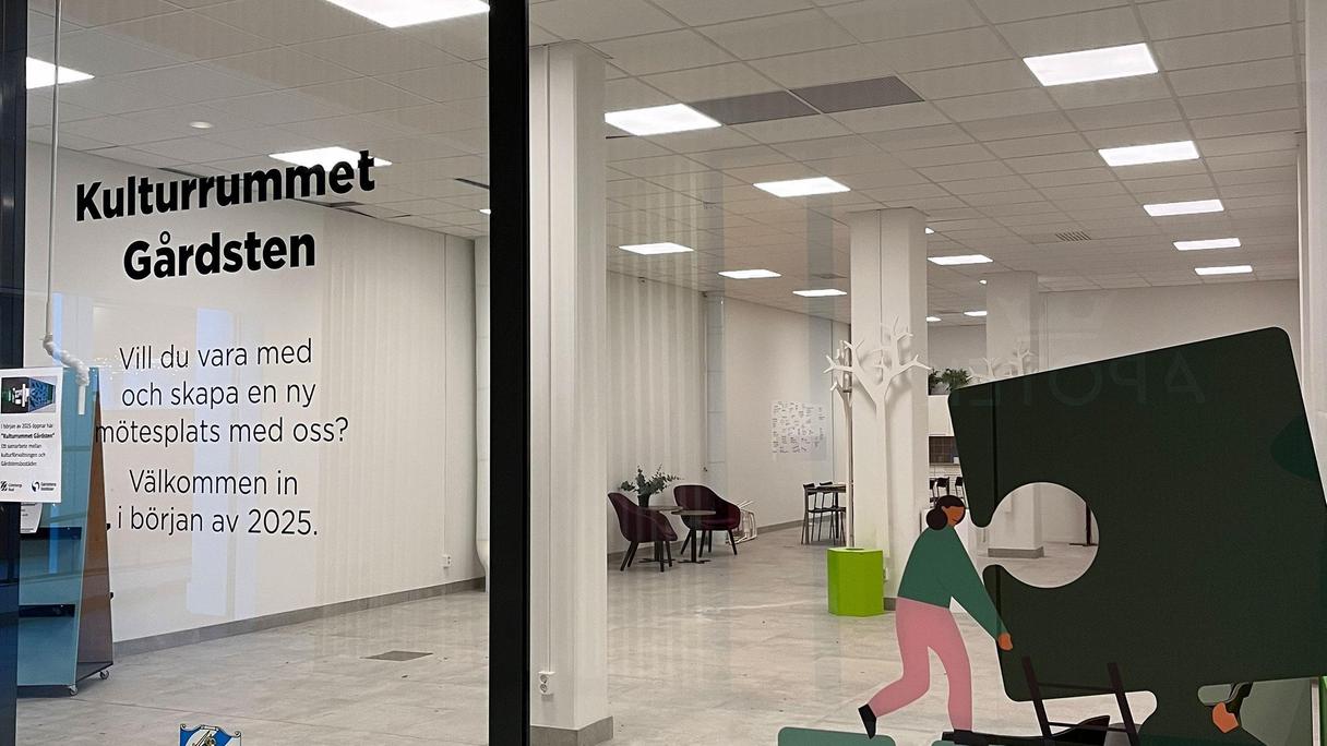 Utsidan av Kulturrummet. Fotat in mot ganska tom lokal.