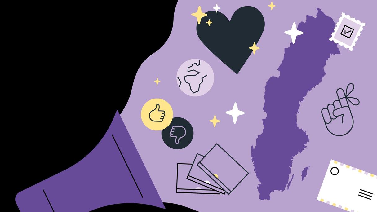 En illustrerad ficklampa i vars sken det finns olika demokratiska uttryck.