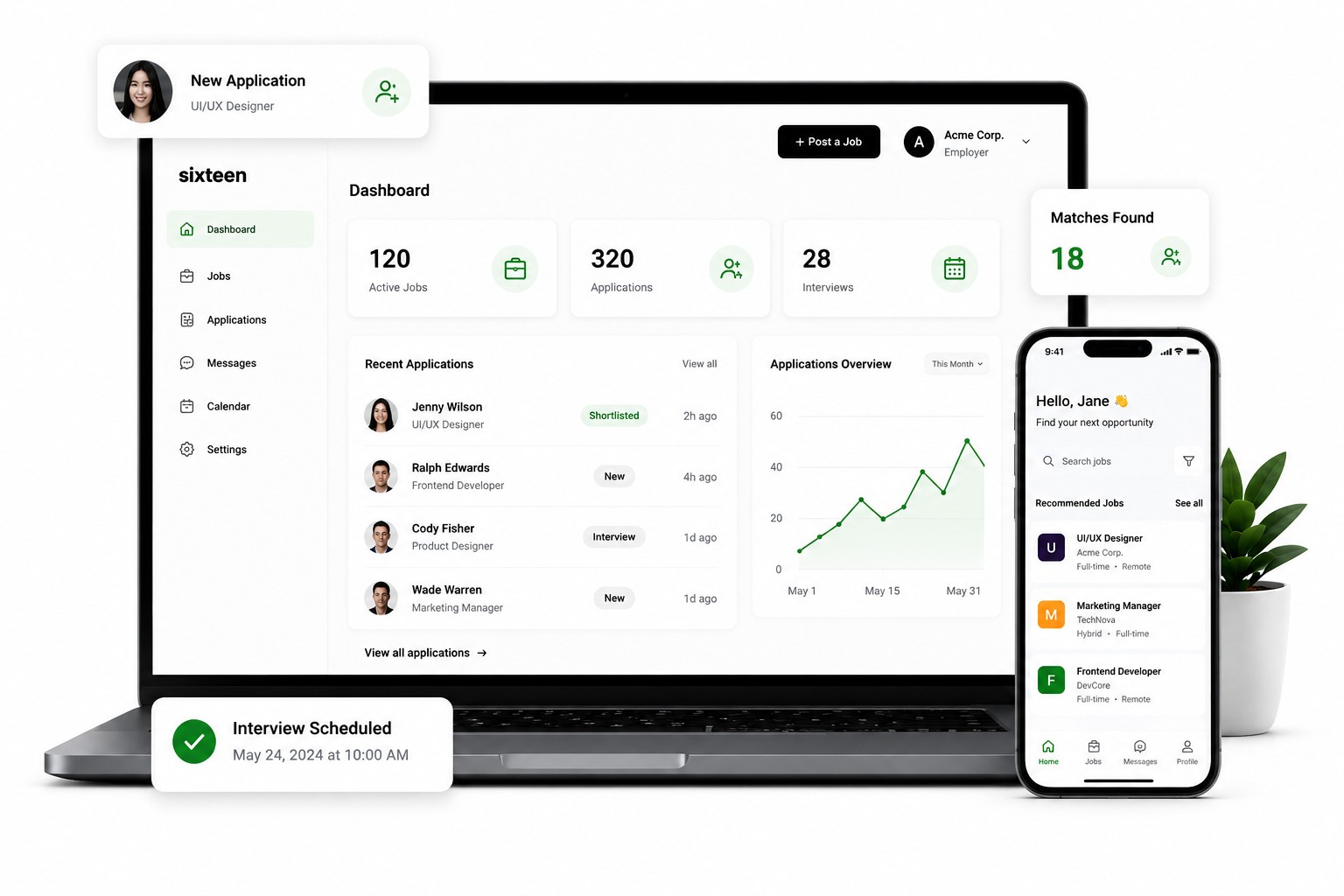 Whether you're hiring or looking for your next opportunity, sixteen gives you all the tools in one secure platform.