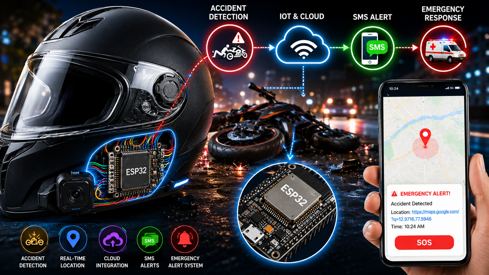 IoT based Smart Helmet for Two Wheeler Accident Detection  and Emergency Alert System Using ESP32 and Cloud SMS Integration