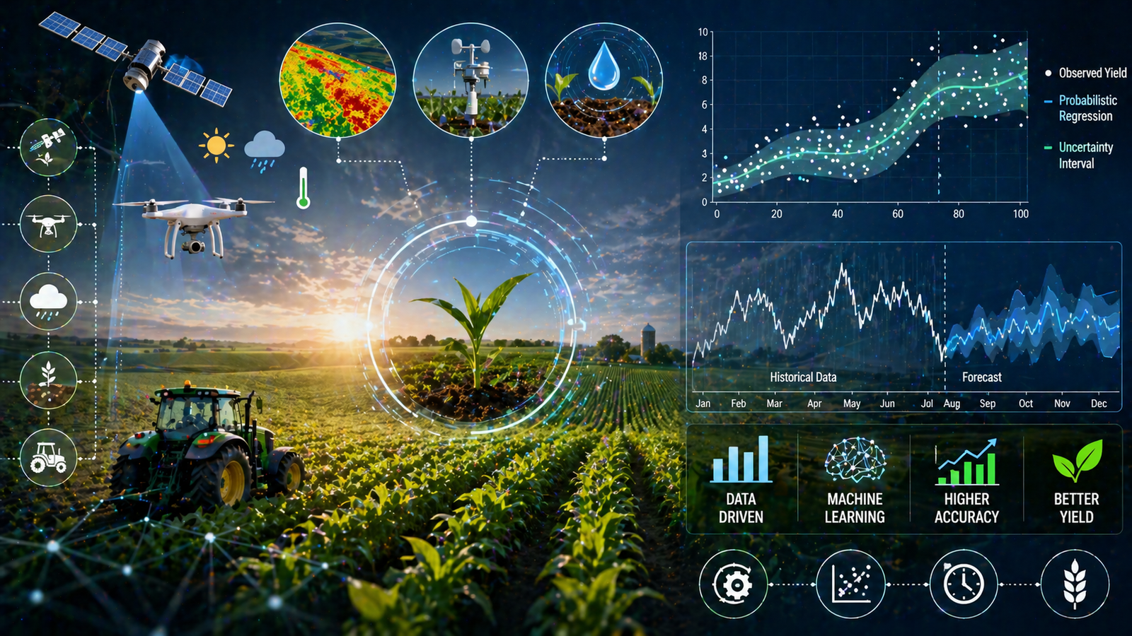 Data Driven Crop Yield Prediction Using Probabilistic Regression  and Time Series Forecasting Techniques