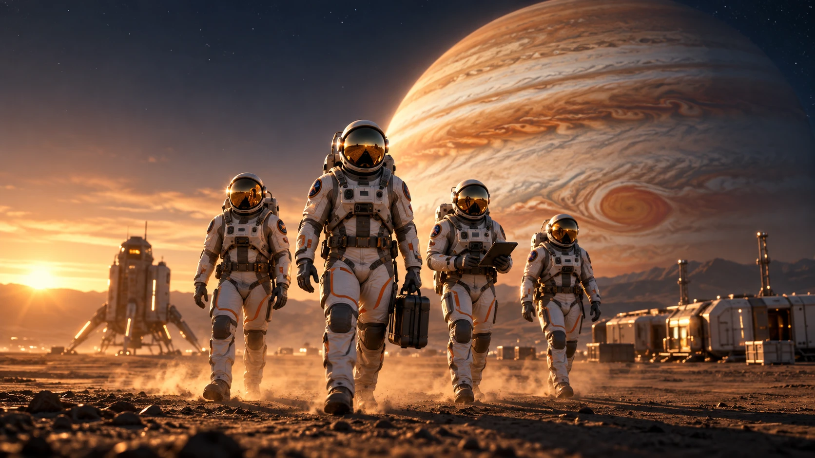 The Jupiter Electronics team as four astronauts walking across a desert under Jupiter
