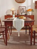 Bohemian Chic Cream & Black Grid Table Runner with Tassels