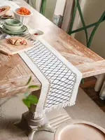 Bohemian Chic Cream & Black Grid Table Runner with Tassels