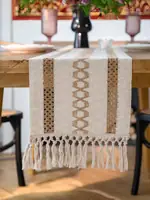 Bohemia Table Runner for Home Decor with Tassels, Dining Table Runner with Beige Macrame