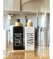Minimalist Liquid Soap Dispenser Duo - Hands & Dishes Refillable Bottles with Bamboo Tray