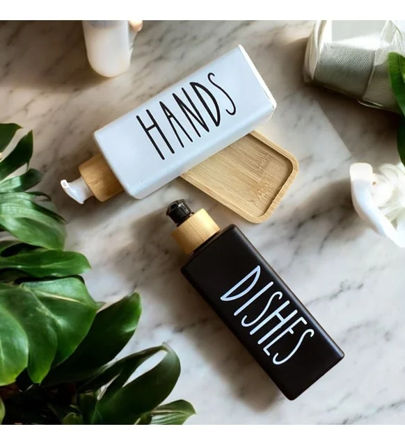 Minimalist Liquid Soap Dispenser Duo - Hands & Dishes Refillable Bottles with Bamboo Tray