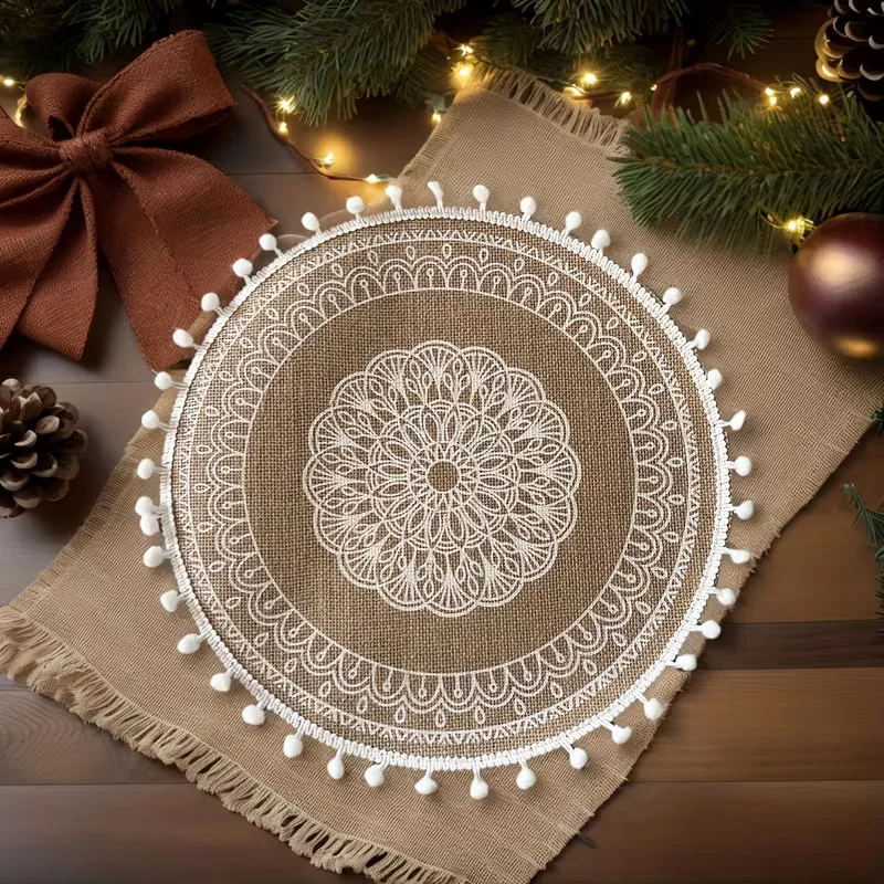 Boho Burlap Mandala Round Placemat with Pom-Pom Trim
