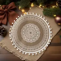 Boho Burlap Mandala Round Placemat with Pom-Pom Trim