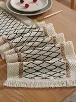 Bohemian Chic Cream & Black Grid Table Runner with Tassels