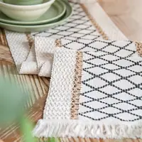Bohemian Chic Cream & Black Grid Table Runner with Tassels