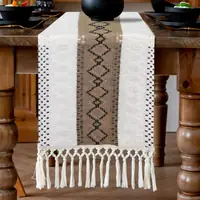 Boho Cream Brown & Black Hexagonal Grid Macrame Table Runner
