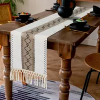 Boho Cream Brown & Black Hexagonal Grid Macrame Table Runner