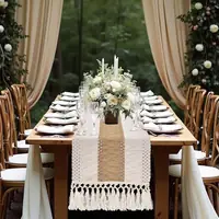Boho Cream & Brown Macrame Table Runner with Tassels (30x160 cm)